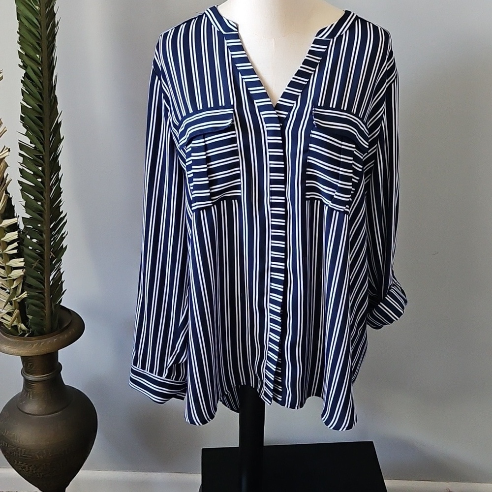 a.n.a Navy and White Striped Button Down Shirt